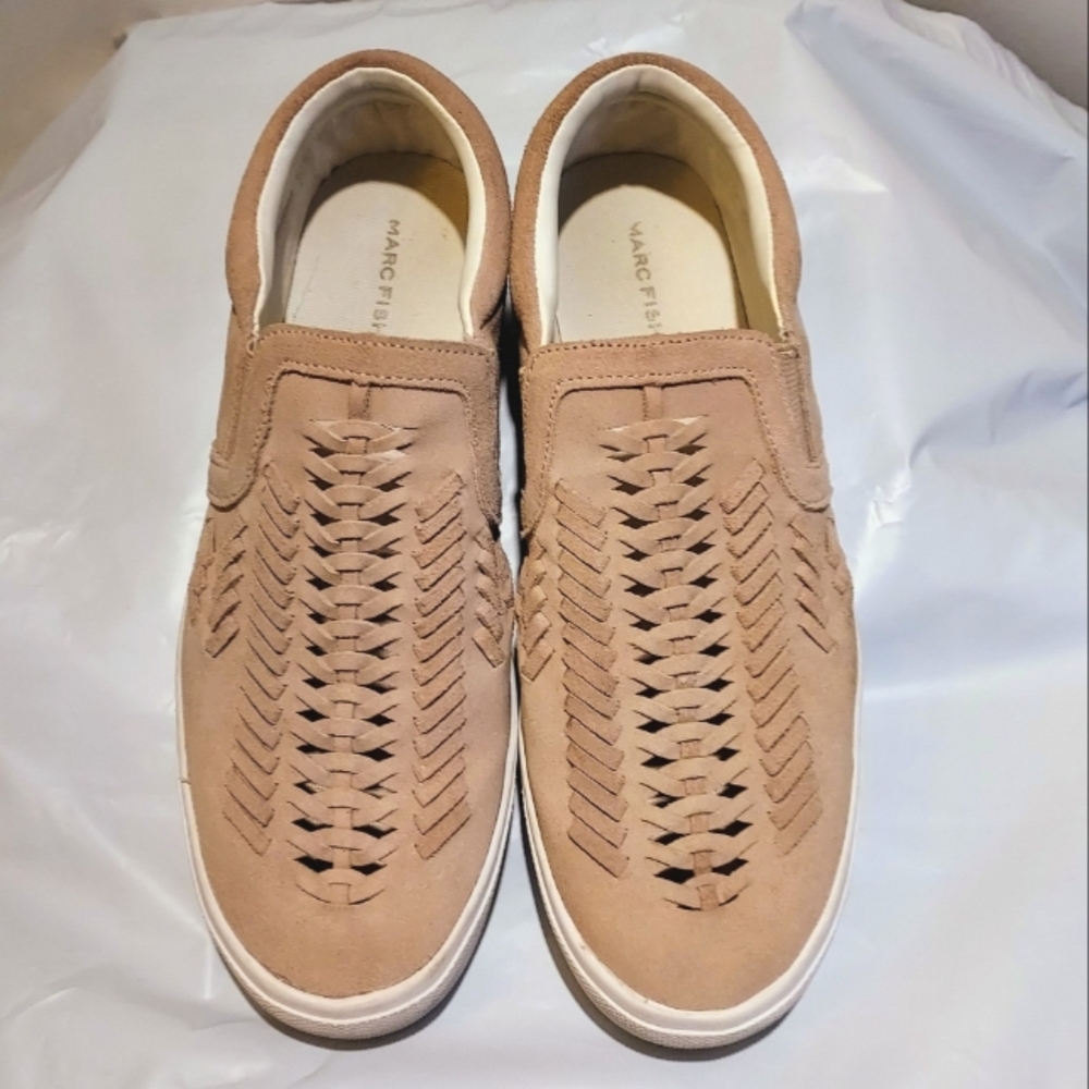 Marc Fisher Tan Suede Basket Weave Slip Ons